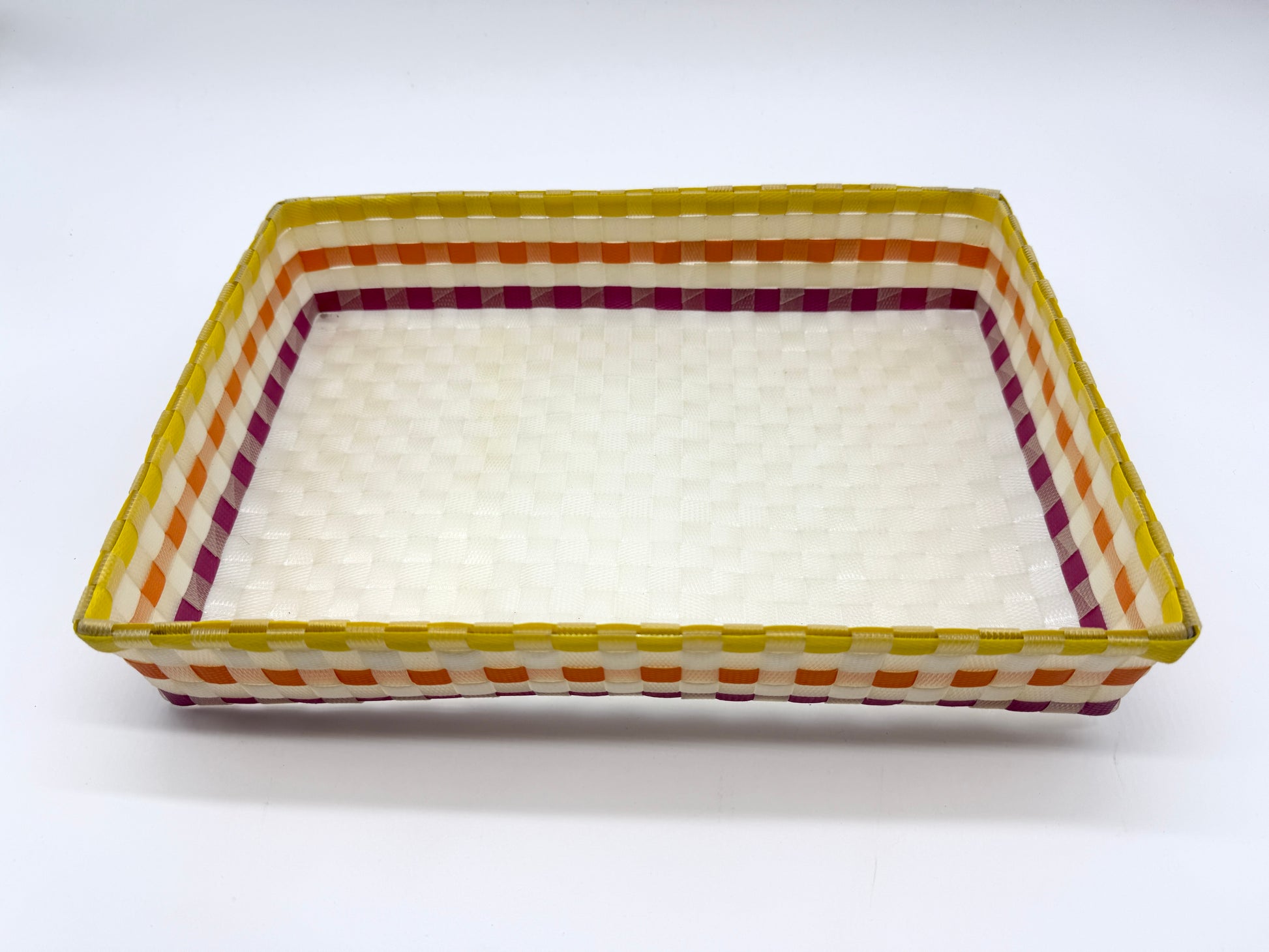 Handwoven Rectangular Plastic Tray, Colorful Woven Serving Tray, Boho Desk Paper Organizer, Waterproof Bathroom Vanity Tray, Striped Catchall