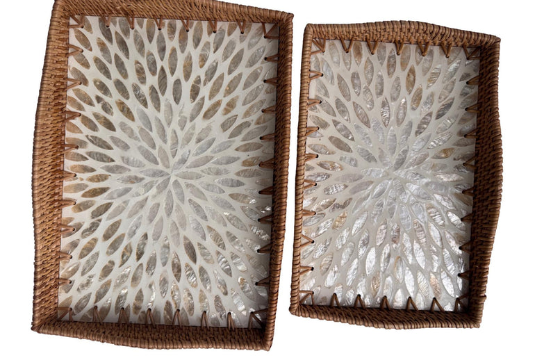 Scalloped Edge Rattan Rectangular Tray with Mother of Pearl Inlay – Handmade Decorative Serving Tray, Natural Woven Tray, Coffee Table Decor