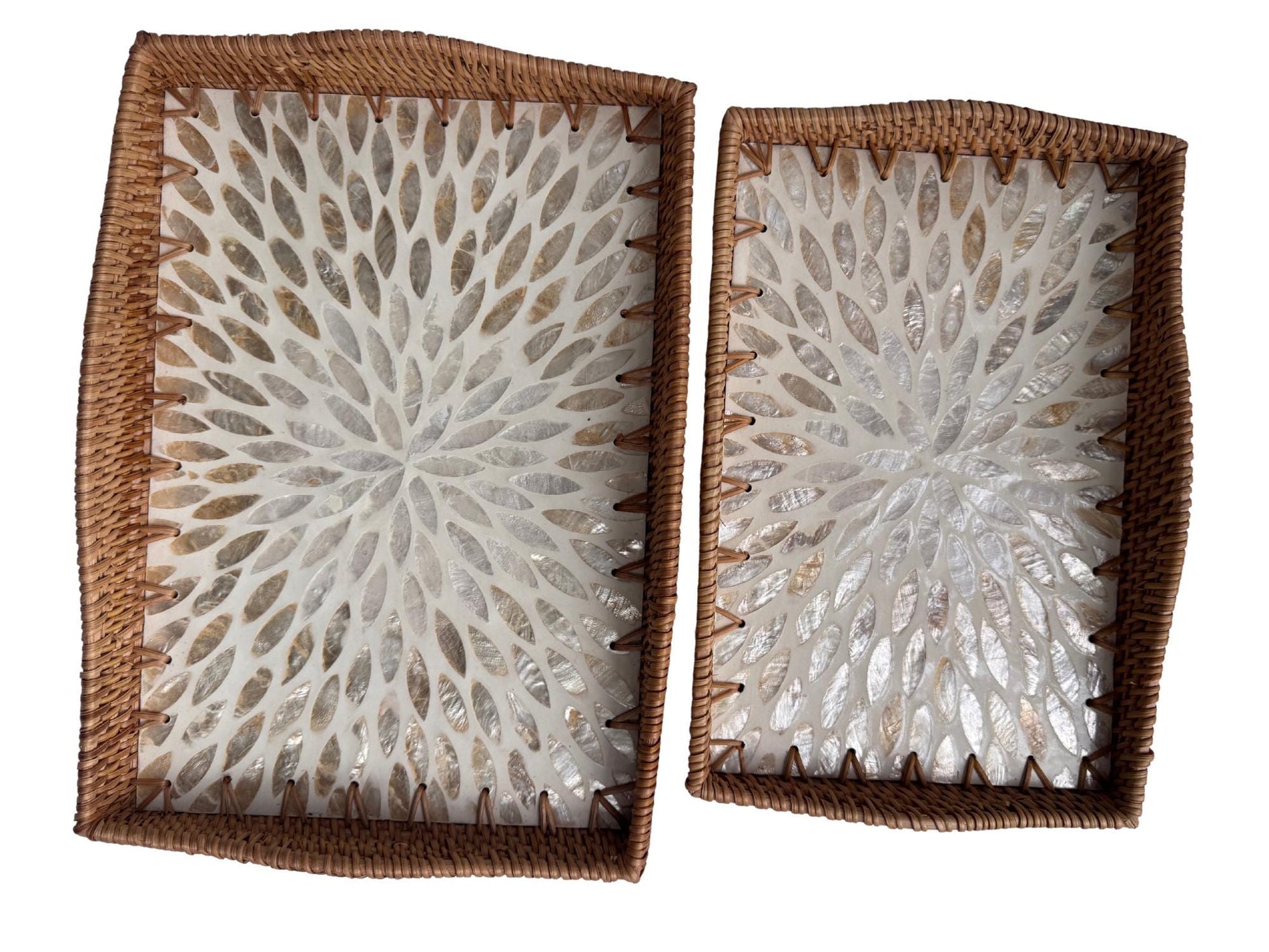 Scalloped Edge Rattan Rectangular Tray with Mother of Pearl Inlay – Handmade Decorative Serving Tray, Natural Woven Tray, Coffee Table Decor