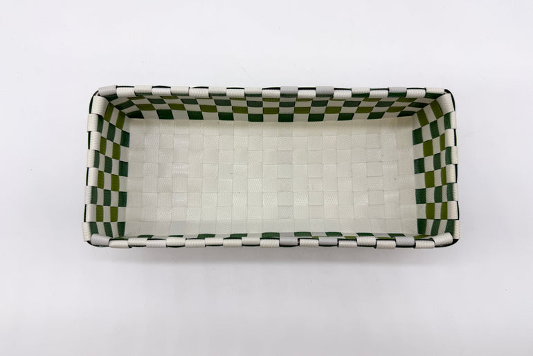 Compact Checkered Woven Tray, Narrow Guest Towel Holder, Handy Plastic Vanity Tray, Space-Saving Silverware Basket, Small Desk Catchall