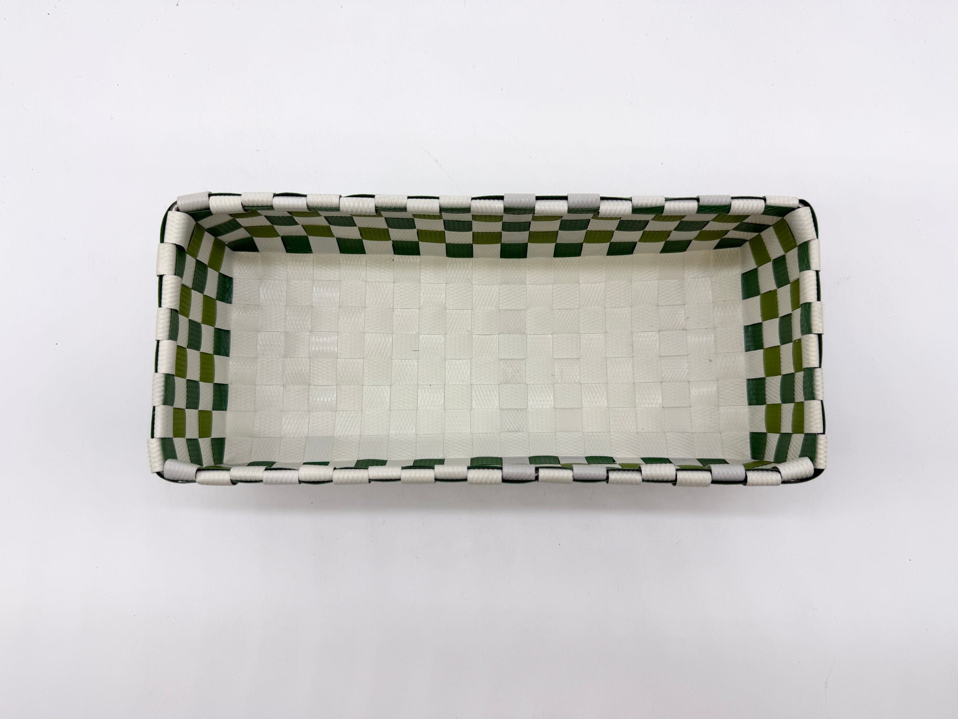 Compact Checkered Woven Tray, Narrow Guest Towel Holder, Handy Plastic Vanity Tray, Space-Saving Silverware Basket, Small Desk Catchall