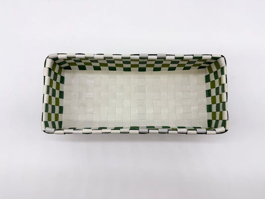 Compact Checkered Woven Tray, Narrow Guest Towel Holder, Handy Plastic Vanity Tray, Space-Saving Silverware Basket, Small Desk Catchall