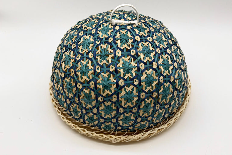 Blue Floral Bamboo Food Cover with Tray, Round Food Dome, Handwoven Fruit Cover, Picnic Serving Tent, 13in