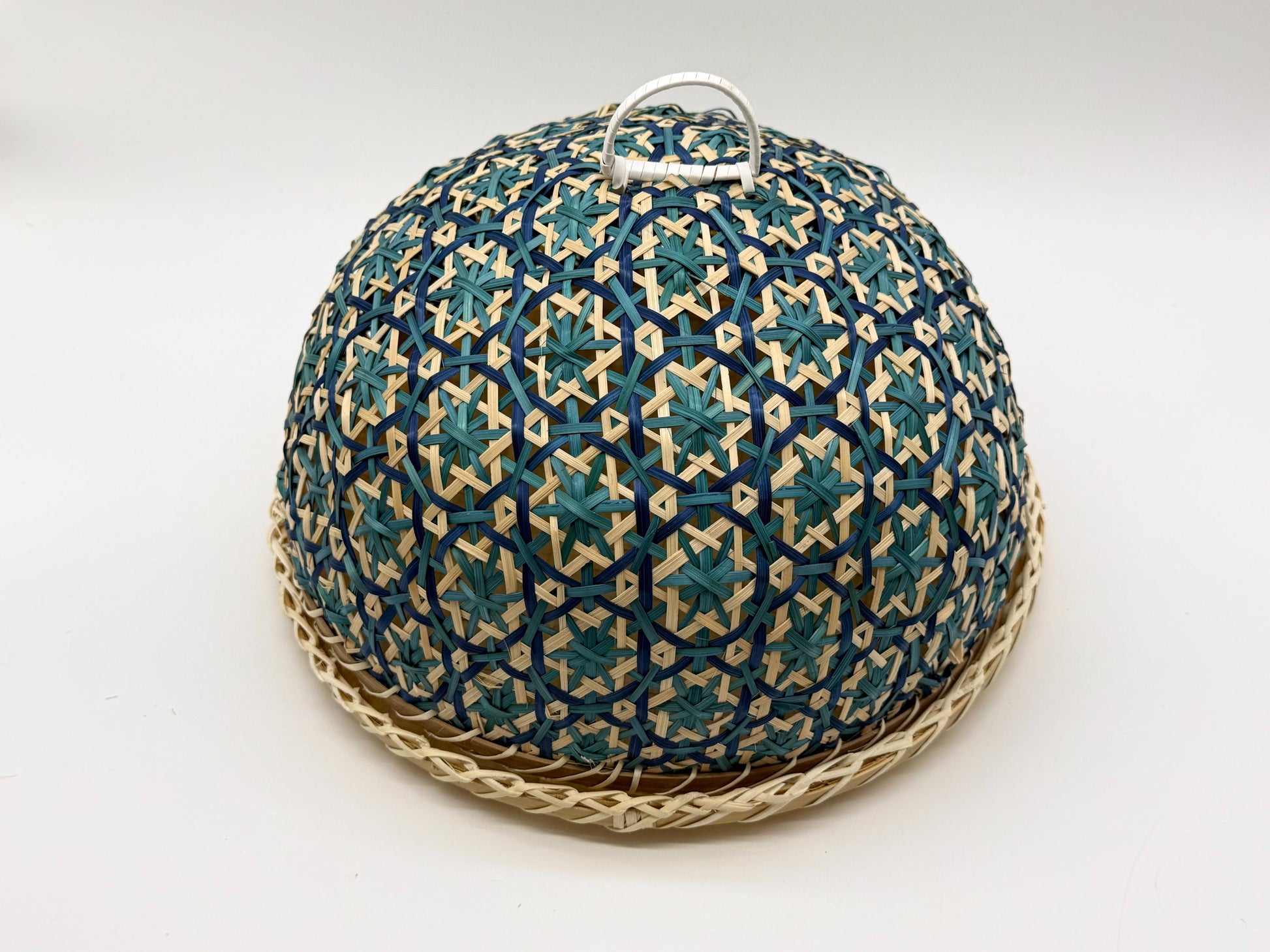 Blue Floral Bamboo Food Cover with Tray, Round Food Dome, Handwoven Fruit Cover, Picnic Serving Tent, 13in