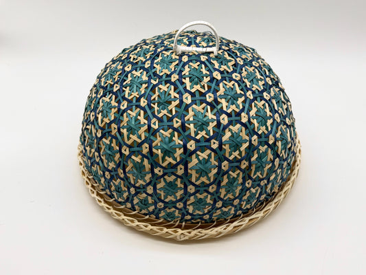 Blue Floral Bamboo Food Cover with Tray, Round Food Dome, Handwoven Fruit Cover, Picnic Serving Tent, 13in