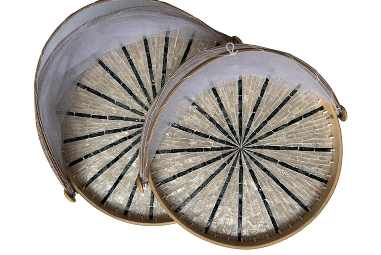 Bamboo Food Cover with Mother of Pearl Tray, Foldable Mesh Food Tent, Handmade Serving Tray, Fruit Cover, Kitchen Decor