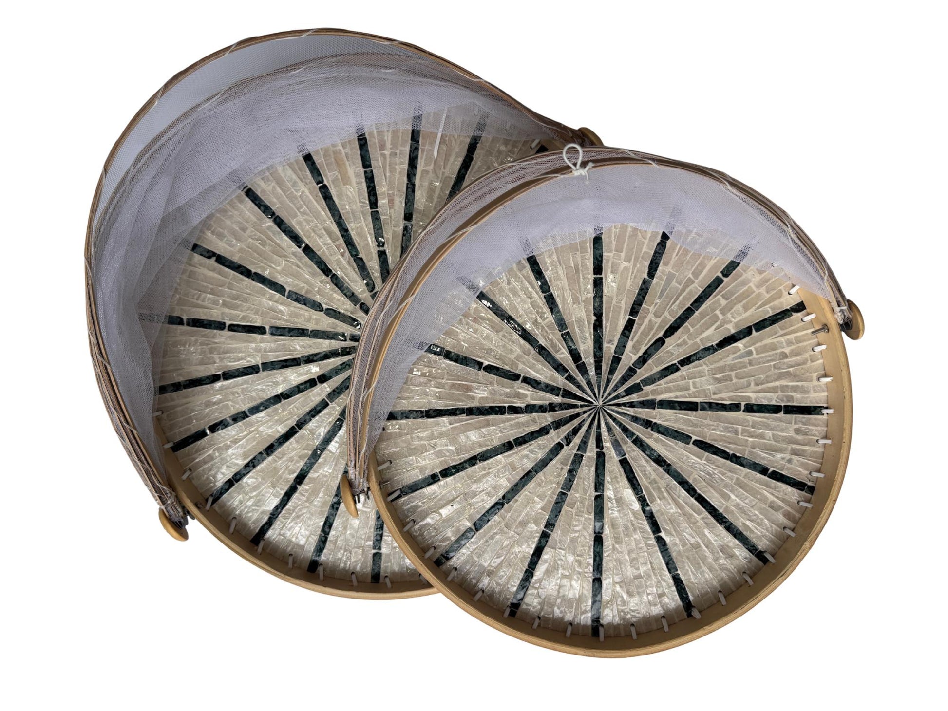 Bamboo Food Cover with Mother of Pearl Tray, Foldable Mesh Food Tent, Handmade Serving Tray, Fruit Cover, Kitchen Decor