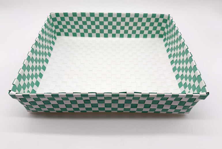 Checkered Woven Plastic Tray, Colorful Handwoven Serving Tray, Large Boho Catchall Basket, Waterproof Bathroom Vanity Tray, Desk Organizer