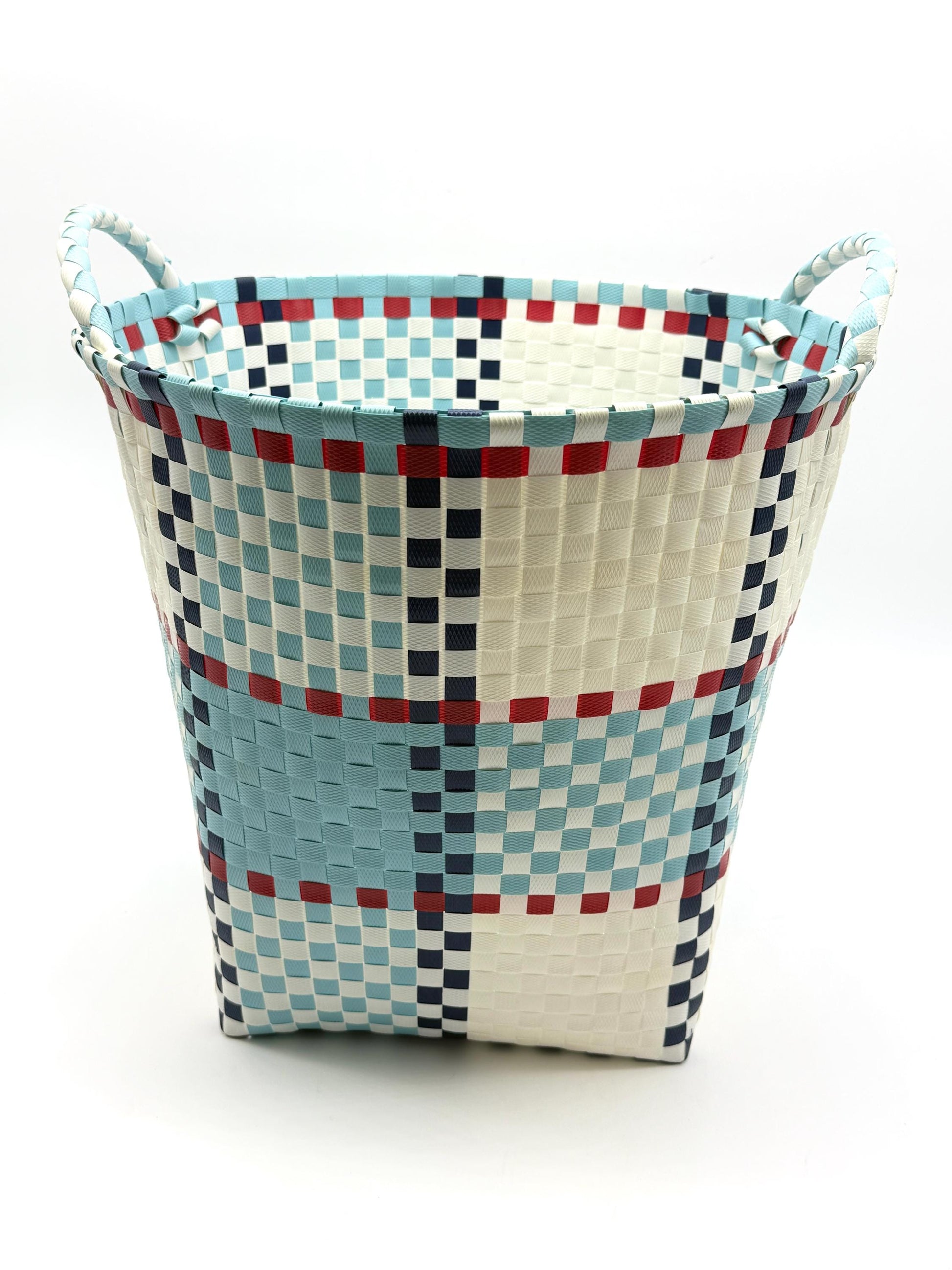 Round Woven Plastic Basket with Handles, Handmade Laundry Hamper, Multi Color Storage Bin for Toys Blankets Bathroom