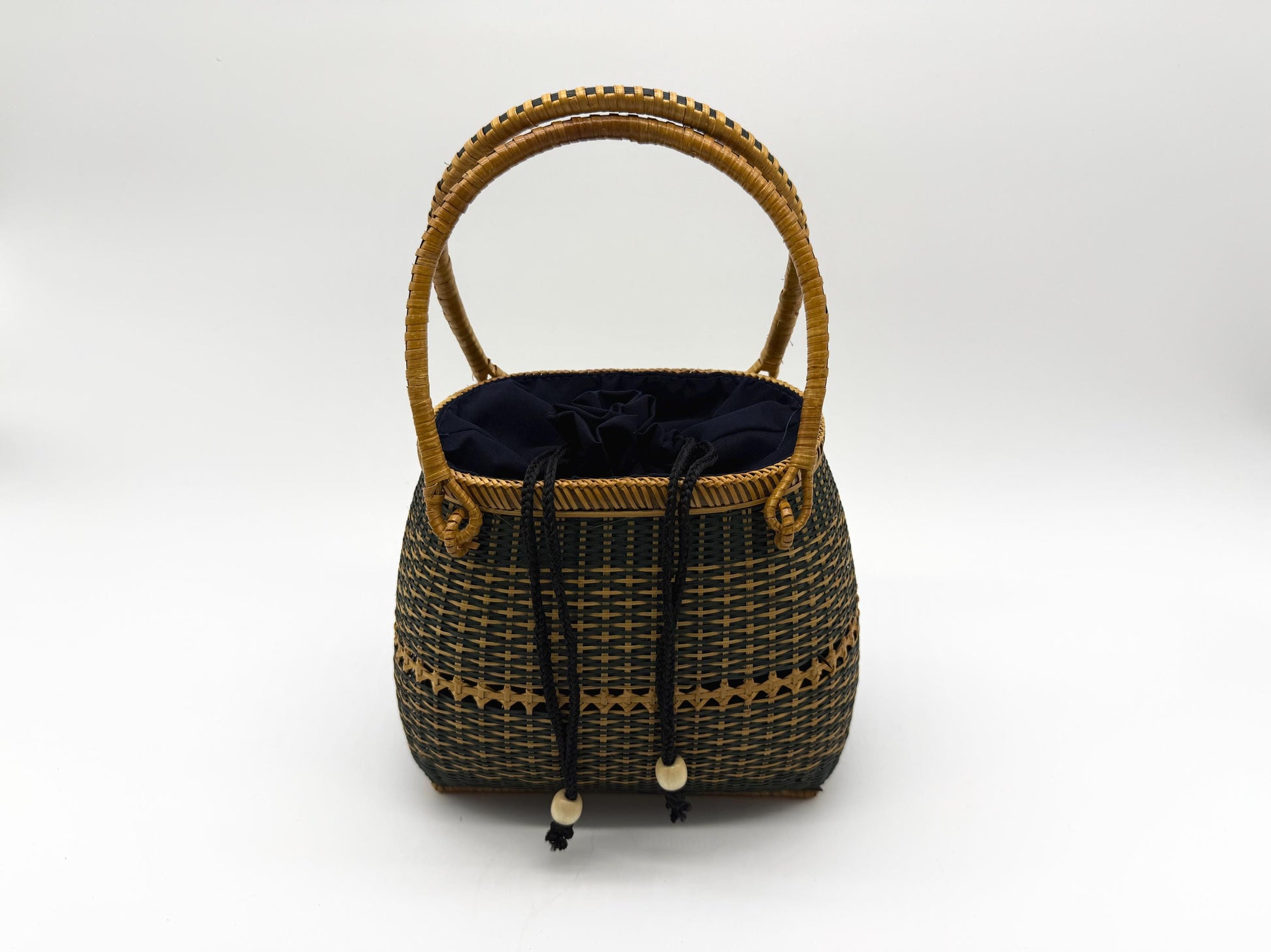 Small Bamboo Basket Handbag, Handmade Rattan Purse with Fabric Lining, Woven Summer Tote Bag, Boho Shoulder Bag, 7.1x3.5x12.2in