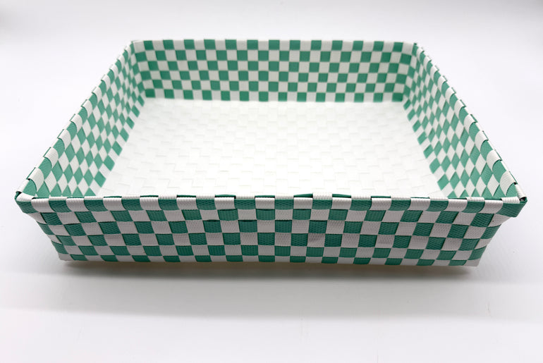 Checkered Woven Plastic Tray, Colorful Handwoven Serving Tray, Large Boho Catchall Basket, Waterproof Bathroom Vanity Tray, Desk Organizer
