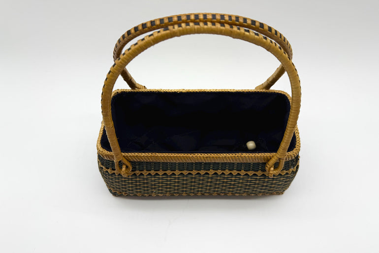 Handwoven Rectangular Bamboo Handbag, Wicker Basket Purse with Fabric Lining, Boho Top Handle Bag, Summer Tote, 9.4x3.9x10.2in