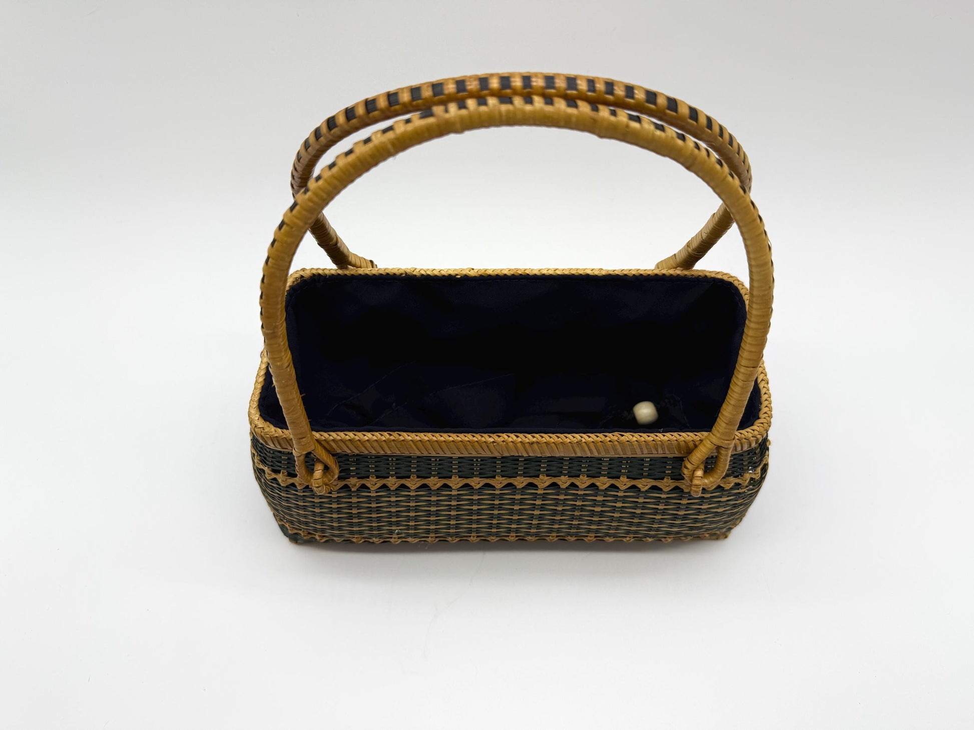 Handwoven Rectangular Bamboo Handbag, Wicker Basket Purse with Fabric Lining, Boho Top Handle Bag, Summer Tote, 9.4x3.9x10.2in