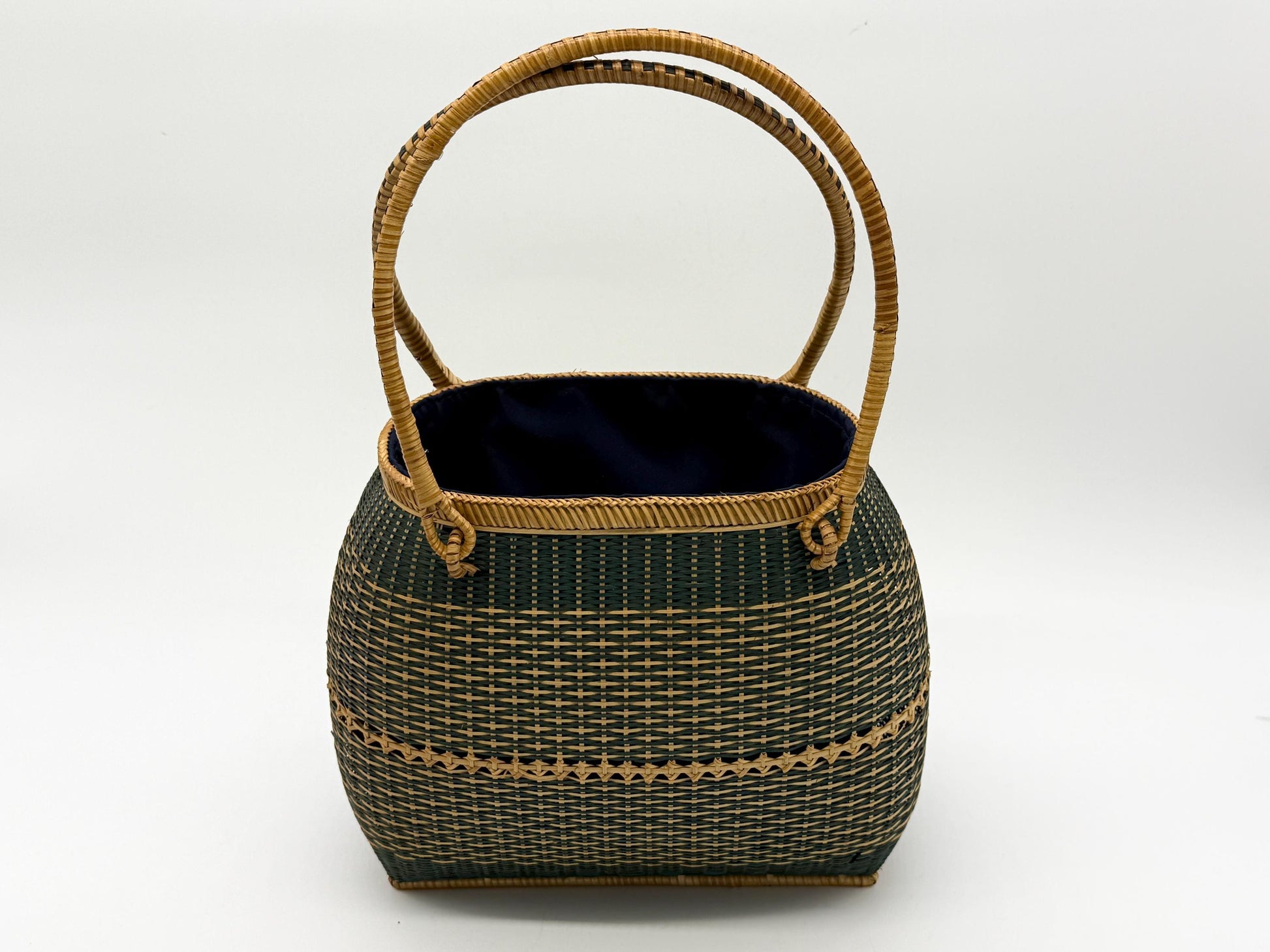 Handwoven Bamboo Handbag, Vintage Rattan Purse, Handmade Wicker Basket Bag with Fabric Lining, Boho Summer Shoulder Tote, 9.1x3.7x16.1in