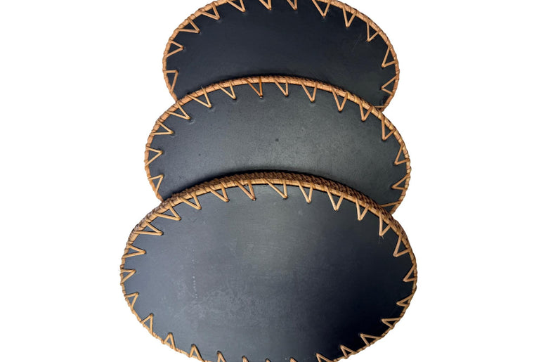Oval Rattan Tray with Handles and Mother of Pearl Inlay Base, Handmade Woven Serving Tray, Boho Home Decor, Handmade Vietnam