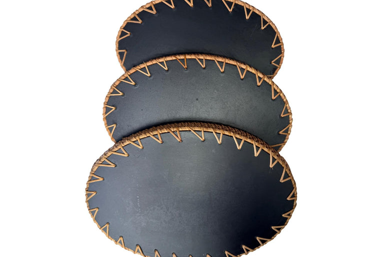Oval Rattan Tray with Handles and Mother of Pearl Inlay Base, Handmade Woven Serving Tray, Boho Home Decor, Handmade Vietnam