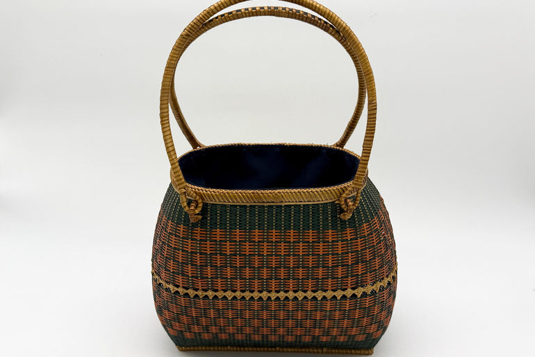 Handwoven Bamboo Handbag, Vintage Rattan Purse, Handmade Wicker Basket Bag with Fabric Lining, Boho Summer Shoulder Tote, 9.1x3.7x16.1in