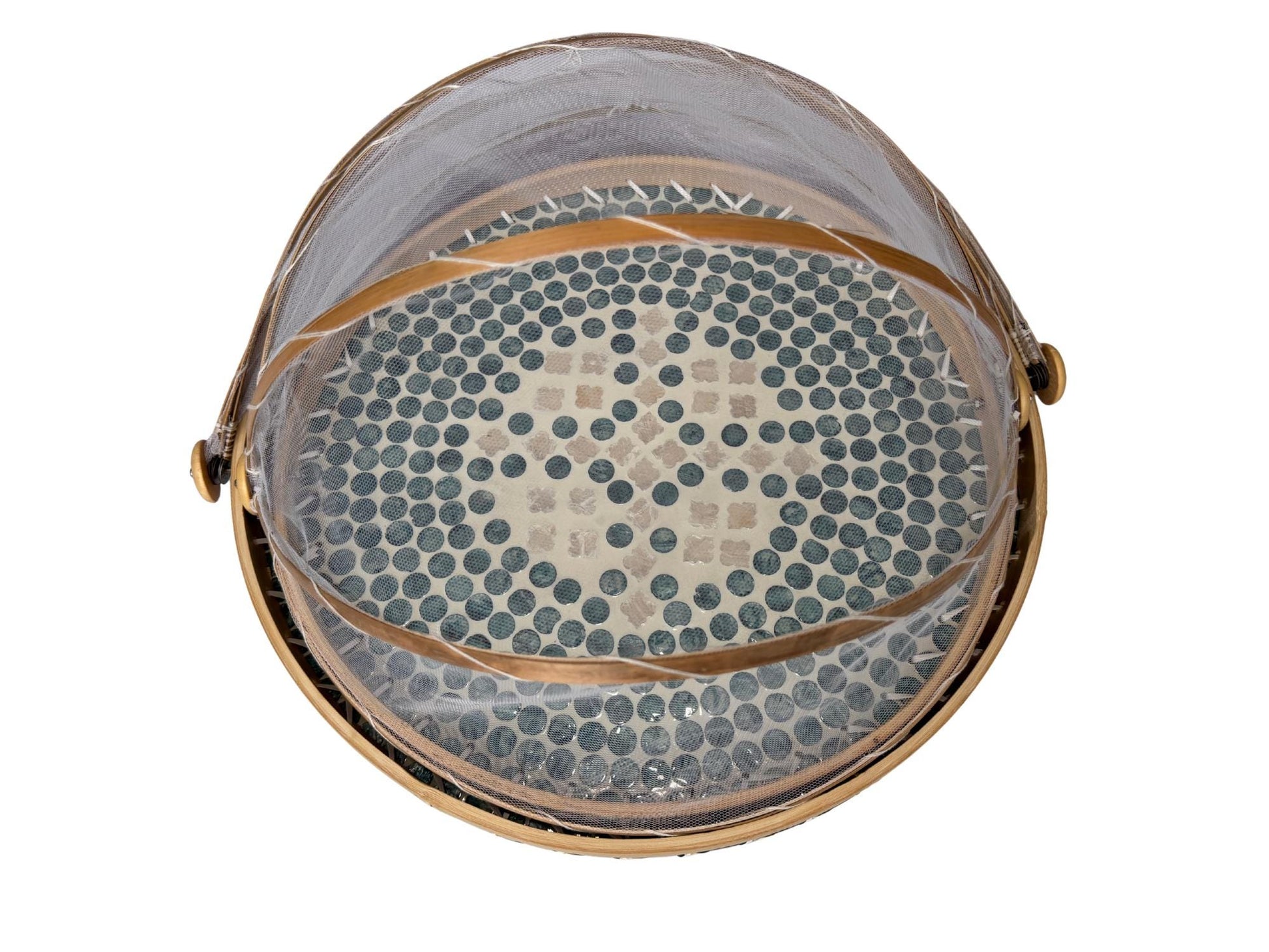 Bamboo Food Cover with Mother of Pearl Tray, Foldable Mesh Food Tent, Handmade Serving Tray, Fruit Cover, Kitchen Decor