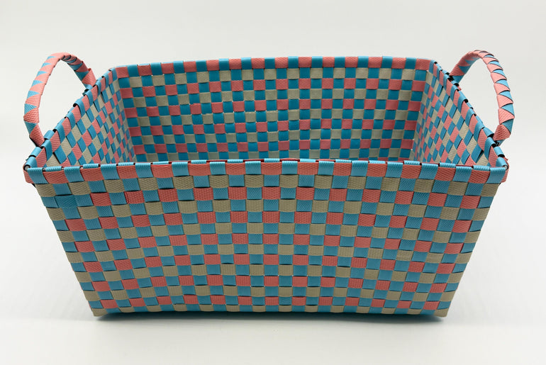 Handwoven Plastic Storage Basket with Handles, Woven Organizer Bin, Multi Size Basket for Toy Laundry Bathroom Nursery Storage