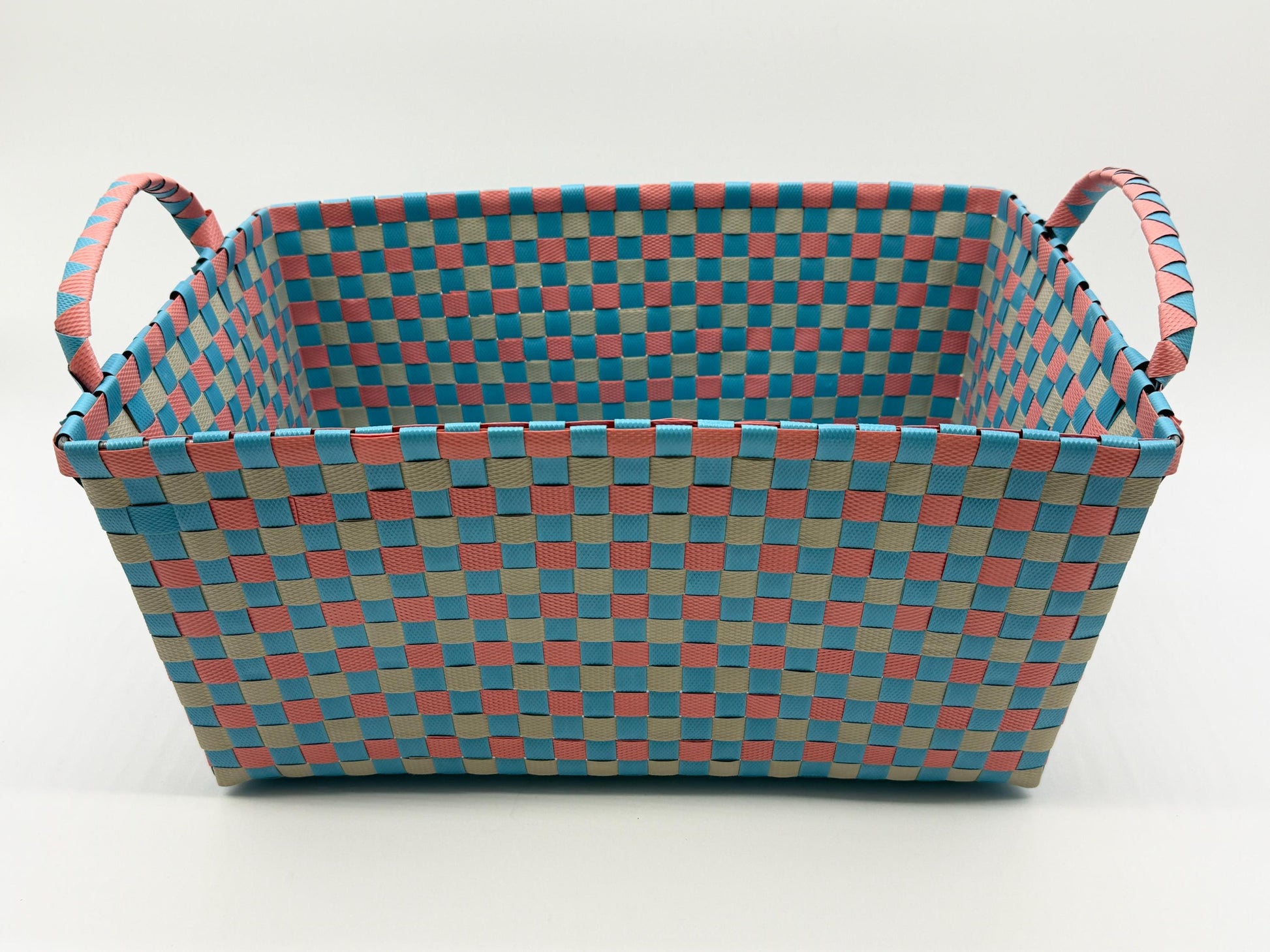 Handwoven Plastic Storage Basket with Handles, Woven Organizer Bin, Multi Size Basket for Toy Laundry Bathroom Nursery Storage