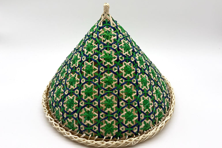 Handwoven Bamboo Food Cover with Tray, Floral Mesh Food Tent, Fly Protection Cover for Fruit, Picnic Serving Dome, 13in
