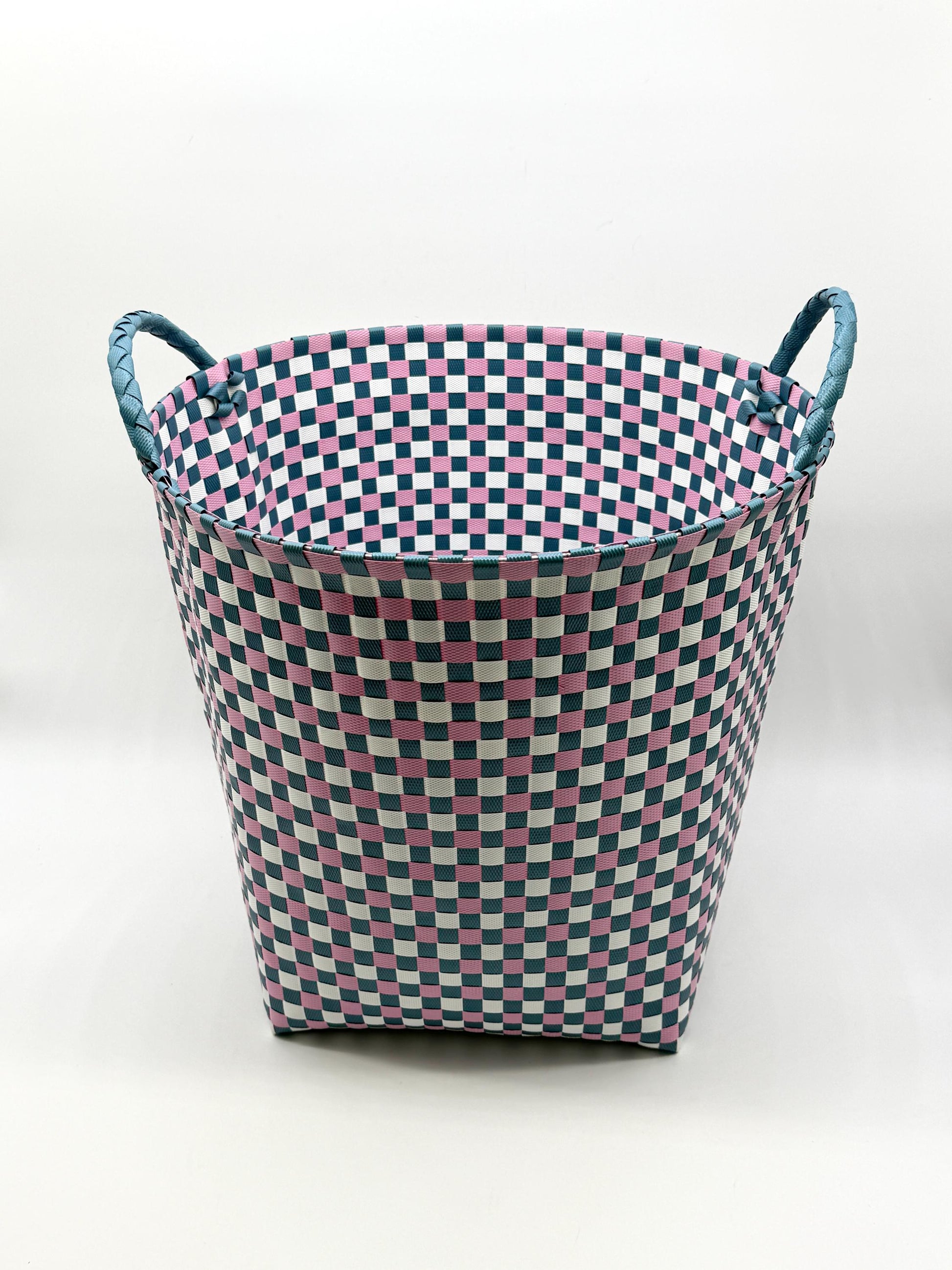Round Woven Plastic Basket with Handles, Handmade Laundry Hamper, Multi Color Storage Bin for Toys Blankets Bathroom