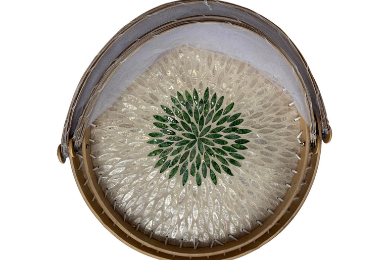 Bamboo Food Cover with Mother of Pearl Tray, Foldable Mesh Food Tent, Handmade Serving Tray, Fruit Cover, Kitchen Decor