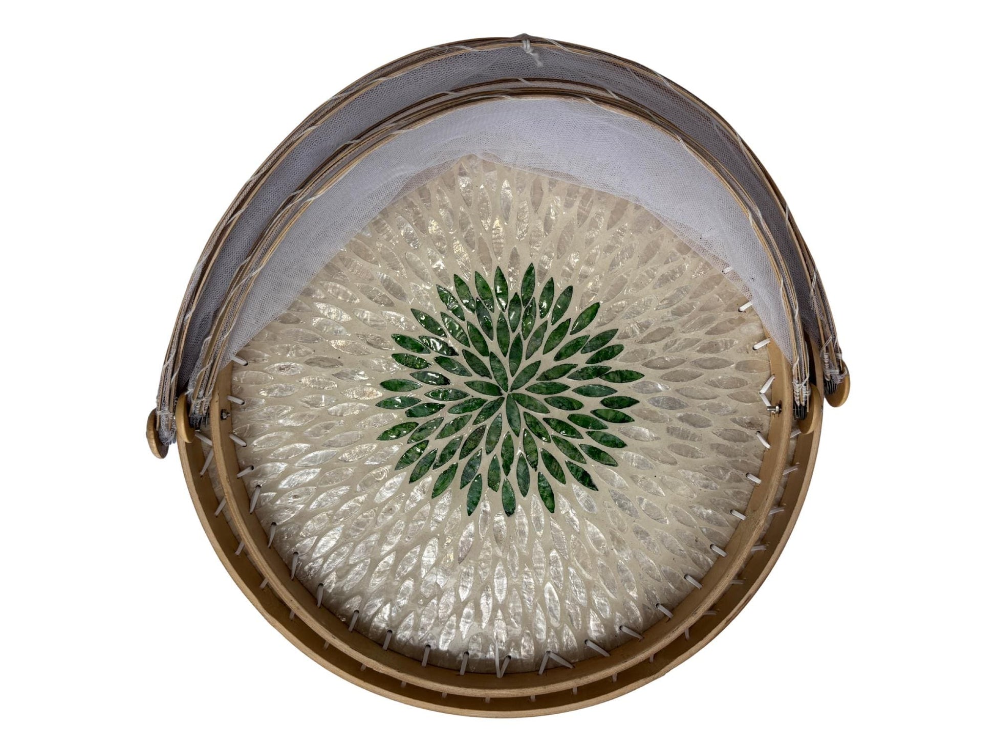 Bamboo Food Cover with Mother of Pearl Tray, Foldable Mesh Food Tent, Handmade Serving Tray, Fruit Cover, Kitchen Decor