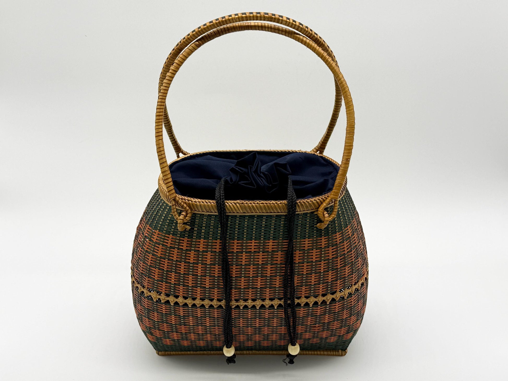 Handwoven Bamboo Handbag, Vintage Rattan Purse, Handmade Wicker Basket Bag with Fabric Lining, Boho Summer Shoulder Tote, 9.1x3.7x16.1in
