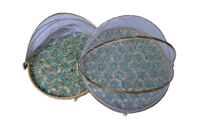 Round Bamboo Food Cover with Mother of Pearl Base 40cm – Handwoven Mesh Food Tent for Elegant Table Setting