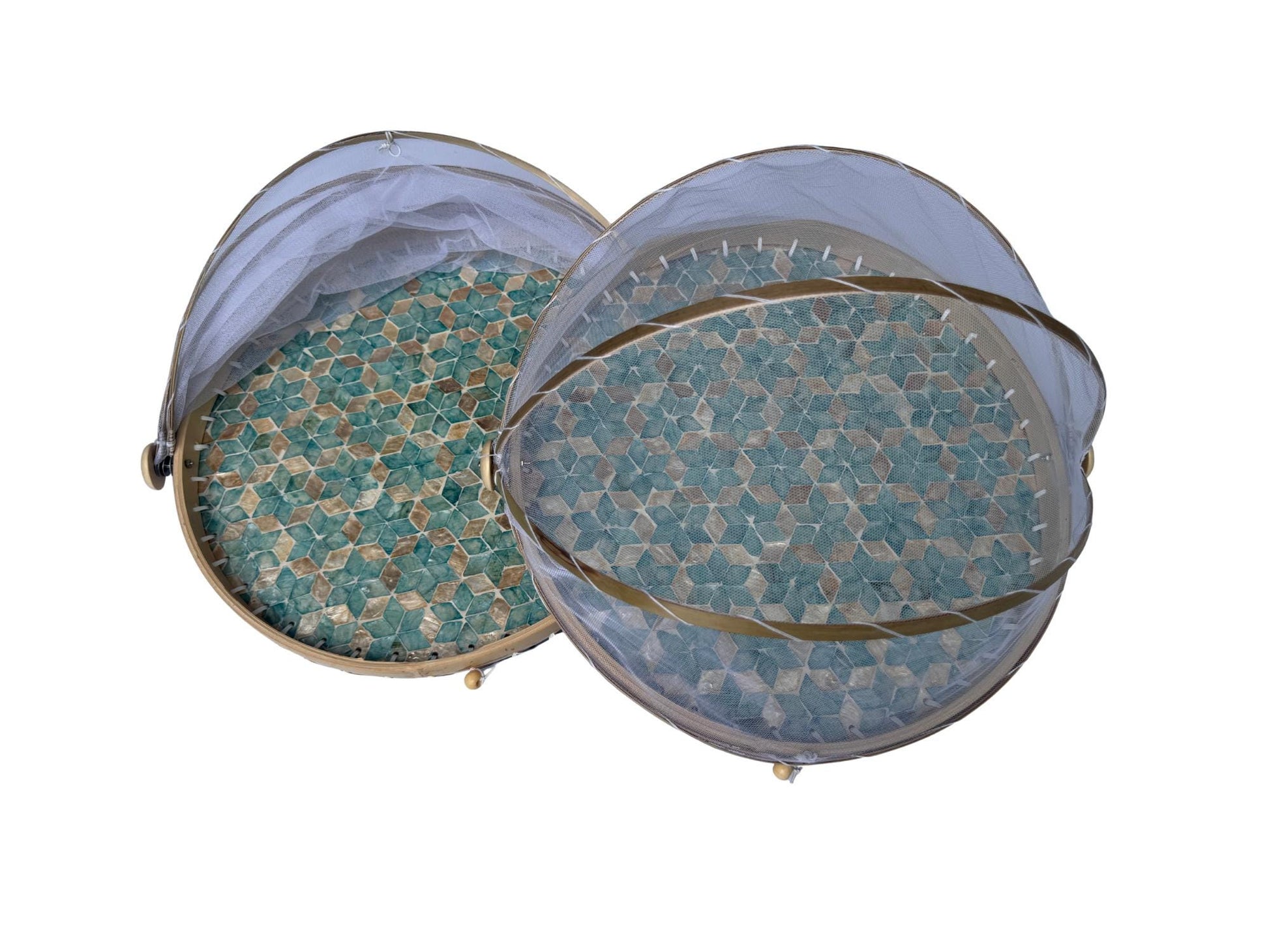 Round Bamboo Food Cover with Mother of Pearl Base 40cm – Handwoven Mesh Food Tent for Elegant Table Setting