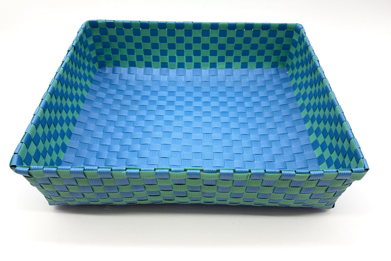 Checkered Woven Plastic Tray, Colorful Handwoven Serving Tray, Large Boho Catchall Basket, Waterproof Bathroom Vanity Tray, Desk Organizer