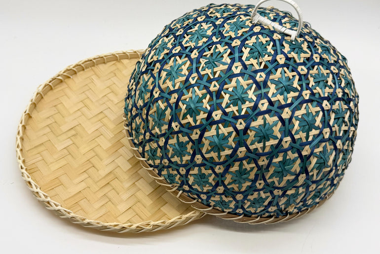 Blue Floral Bamboo Food Cover with Tray, Round Food Dome, Handwoven Fruit Cover, Picnic Serving Tent, 13in