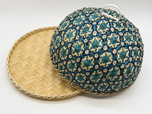 Blue Floral Bamboo Food Cover with Tray, Round Food Dome, Handwoven Fruit Cover, Picnic Serving Tent, 13in