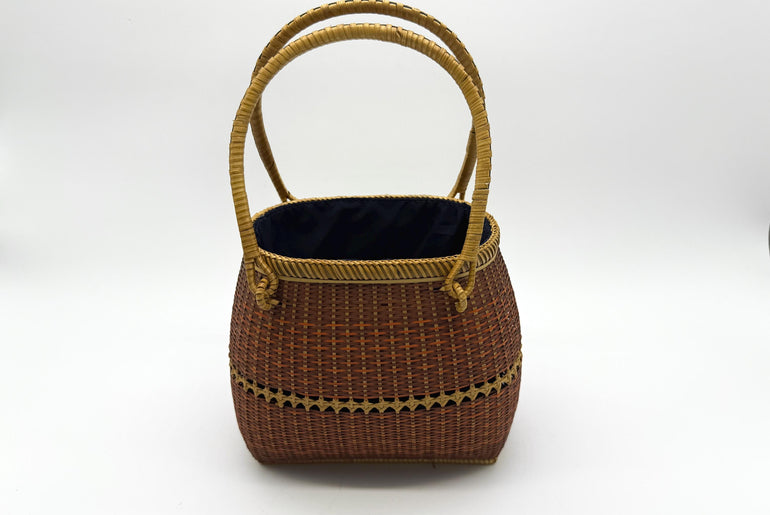 Small Bamboo Basket Handbag, Handmade Rattan Purse with Fabric Lining, Woven Summer Tote Bag, Boho Shoulder Bag, 7.1x3.5x12.2in