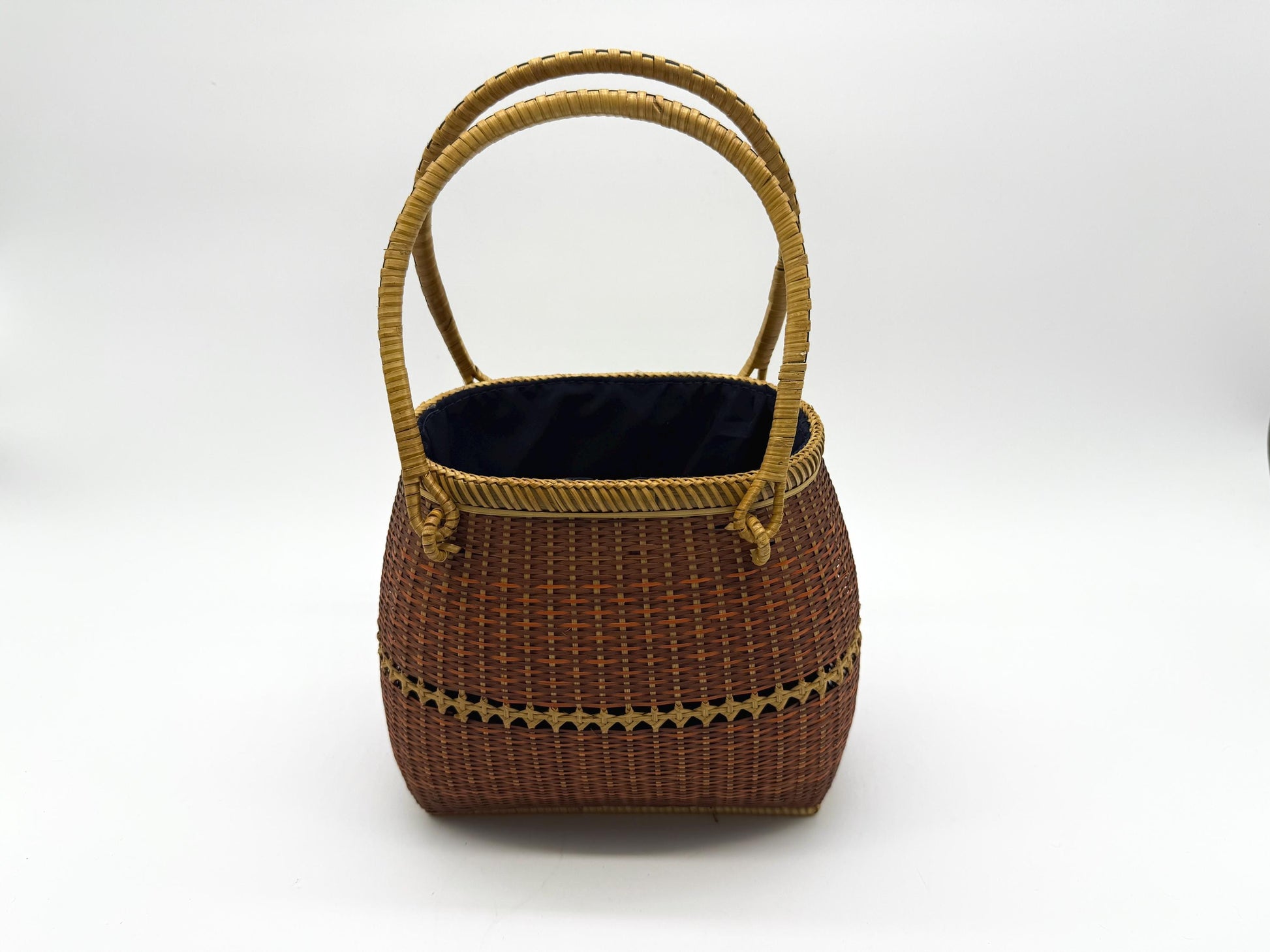 Small Bamboo Basket Handbag, Handmade Rattan Purse with Fabric Lining, Woven Summer Tote Bag, Boho Shoulder Bag, 7.1x3.5x12.2in