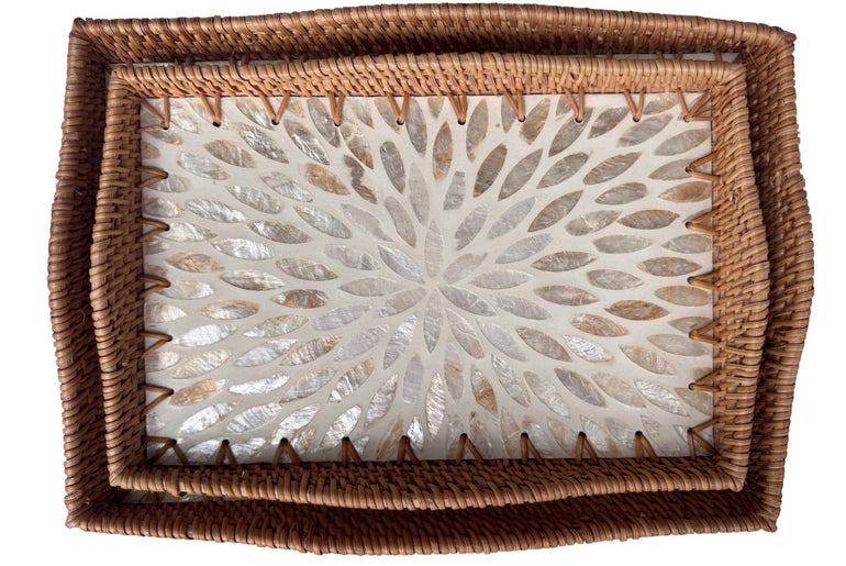 Scalloped Edge Rattan Rectangular Tray with Mother of Pearl Inlay – Handmade Decorative Serving Tray, Natural Woven Tray, Coffee Table Decor