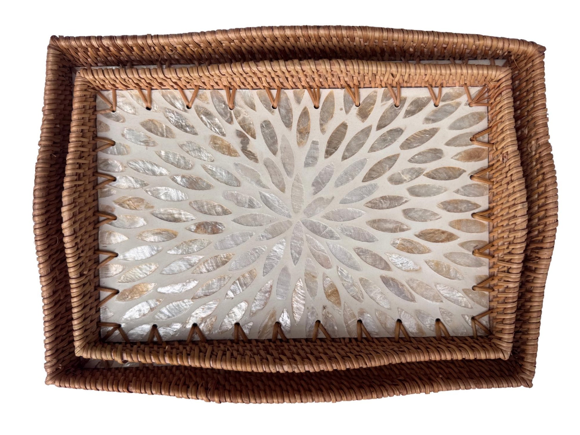Scalloped Edge Rattan Rectangular Tray with Mother of Pearl Inlay – Handmade Decorative Serving Tray, Natural Woven Tray, Coffee Table Decor