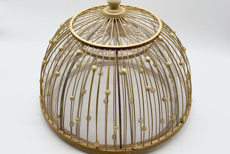 Round Bamboo Food Cover with Wooden Beads, Handwoven Bamboo Mesh Dish Cover Dome for Kitchen Table, Rustic Kitchen Gift 10–16 Inch