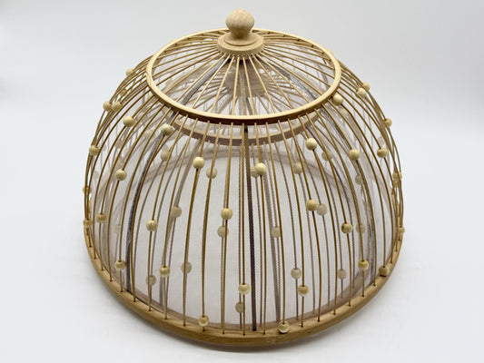 Round Bamboo Food Cover with Wooden Beads, Handwoven Bamboo Mesh Dish Cover Dome for Kitchen Table, Rustic Kitchen Gift 10–16 Inch
