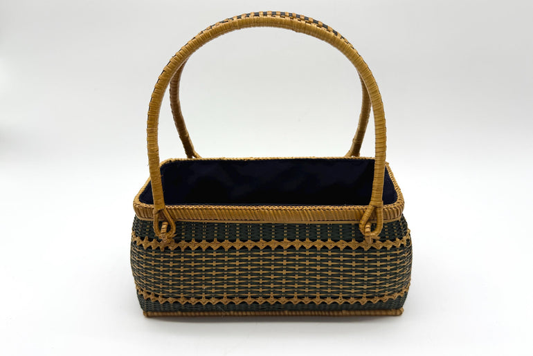 Handwoven Rectangular Bamboo Handbag, Wicker Basket Purse with Fabric Lining, Boho Top Handle Bag, Summer Tote, 9.4x3.9x10.2in
