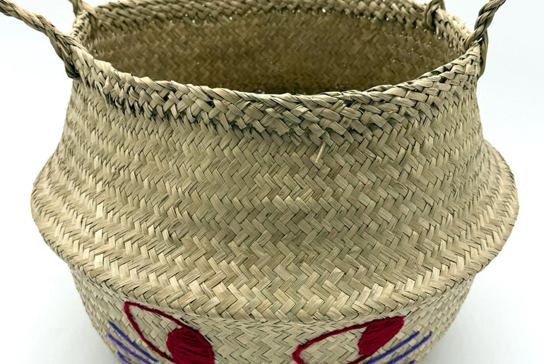 Cat Face Seagrass Storage Basket with Handles, Foldable Woven Laundry Basket, Decorative Organizer for Home, 13.8in