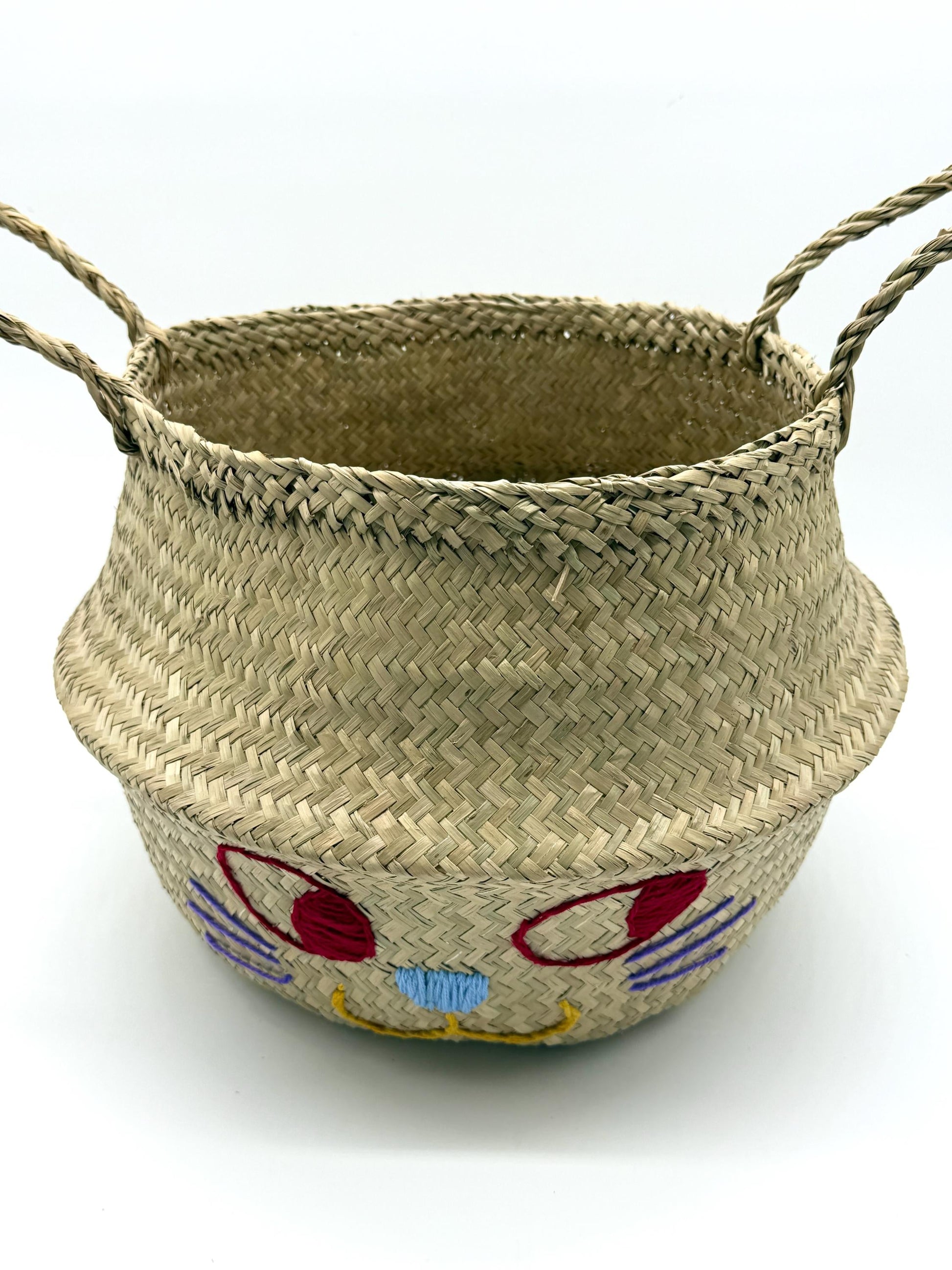 Cat Face Seagrass Storage Basket with Handles, Foldable Woven Laundry Basket, Decorative Organizer for Home, 13.8in