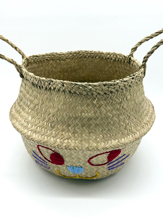 Cat Face Seagrass Storage Basket with Handles, Foldable Woven Laundry Basket, Decorative Organizer for Home, 13.8in