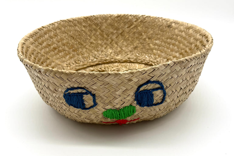 Bunny Face Seagrass Storage Basket with Handles, Foldable Woven Basket, Blanket Storage Bin, Boho Room Decor, 13.8in