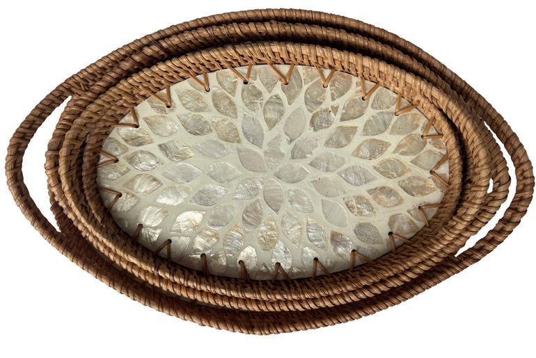Oval Rattan Tray with Handles and Mother of Pearl Inlay Base, Handmade Woven Serving Tray, Boho Home Decor, Handmade Vietnam