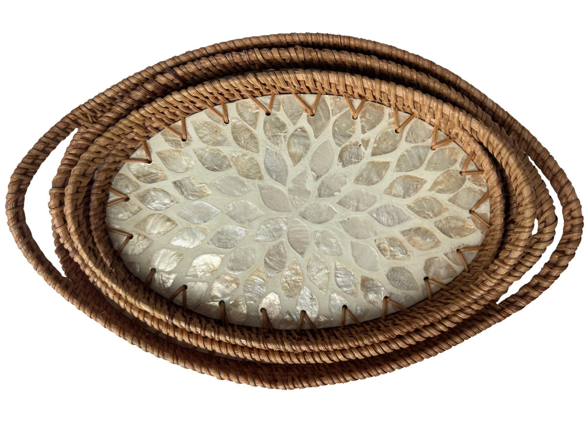 Oval Rattan Tray with Handles and Mother of Pearl Inlay Base, Handmade Woven Serving Tray, Boho Home Decor, Handmade Vietnam