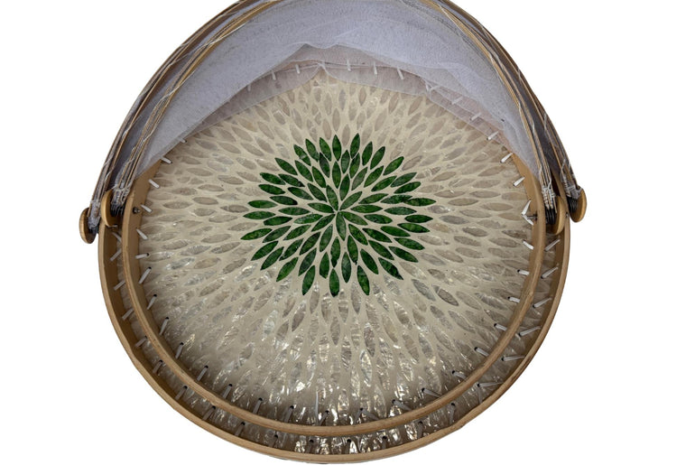 Bamboo Food Cover with Mother of Pearl Tray, Foldable Mesh Food Tent, Handmade Serving Tray, Fruit Cover, Kitchen Decor