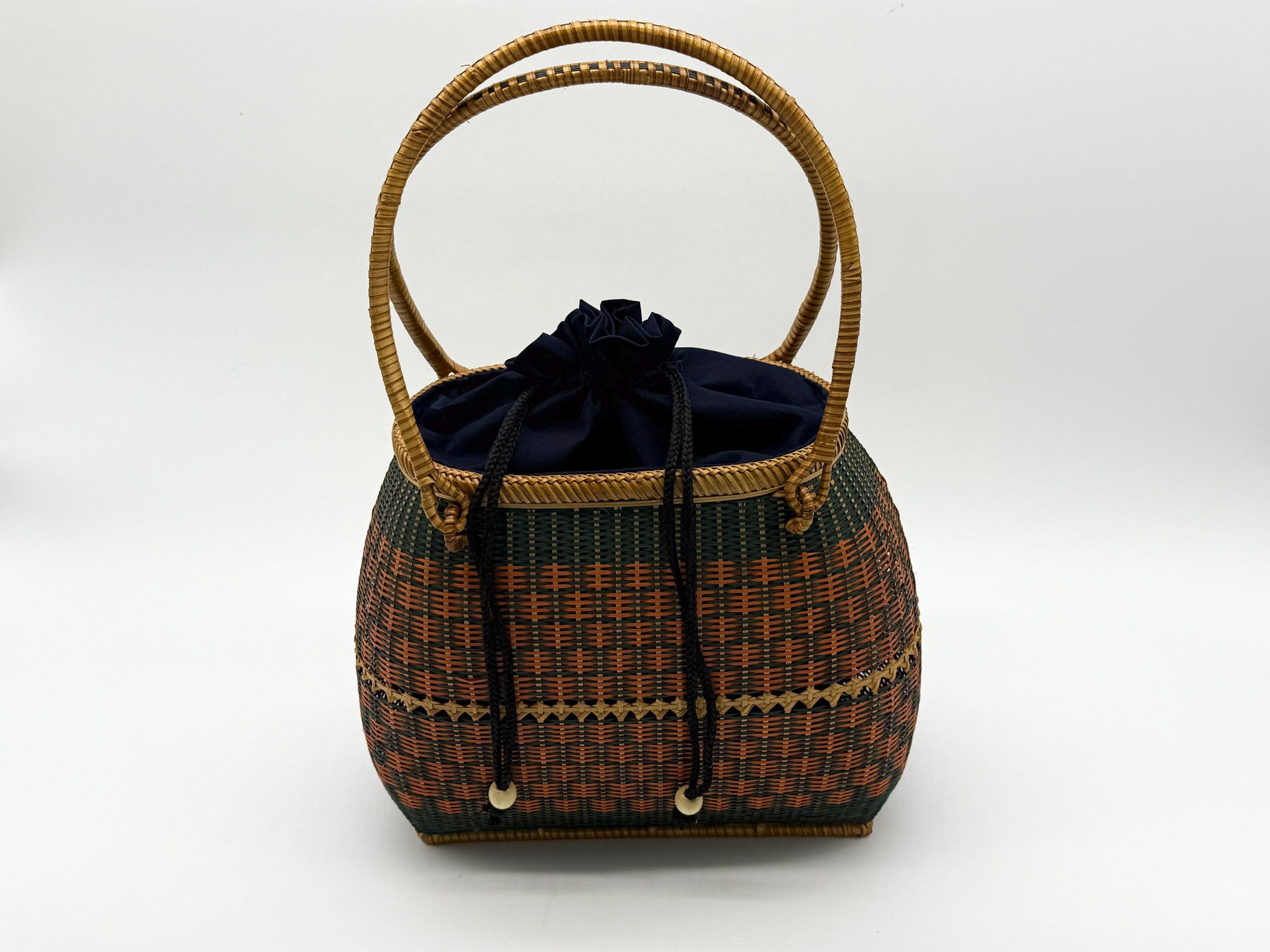 Handwoven Bamboo Handbag, Vintage Rattan Purse, Handmade Wicker Basket Bag with Fabric Lining, Boho Summer Shoulder Tote, 9.1x3.7x16.1in