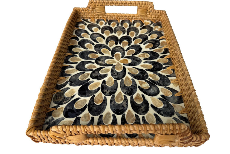 Rectangular Rattan Serving Tray with Handles, Mother of Pearl Inlay Wicker Tray for Coffee Table, Kitchen Organizer, Boho Home Decor Gift 137